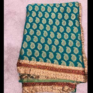 Teal and Gold Patterned benaras saree
